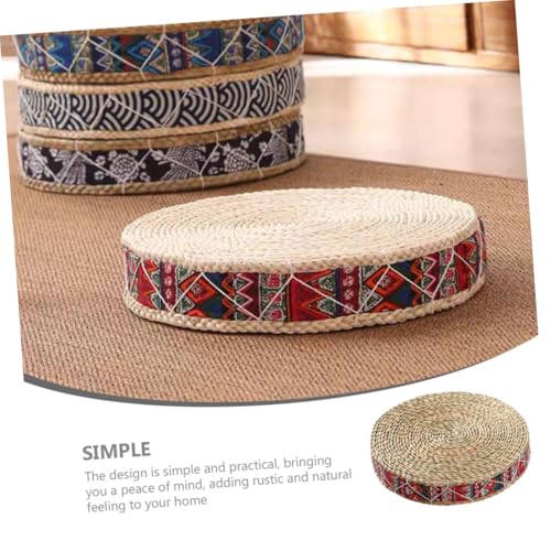 ULTECHNOVO Bohemian Red Woven Meditation Floor Cushion 30cm Diameter X 7cm Height Zafu Japanese Style Straw Sitting Pad for Yoga and Zen Practice