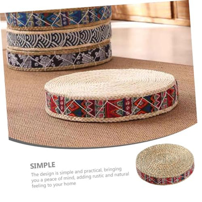 ULTECHNOVO Bohemian Red Woven Meditation Floor Cushion 30cm Diameter X 7cm Height Zafu Japanese Style Straw Sitting Pad for Yoga and Zen Practice