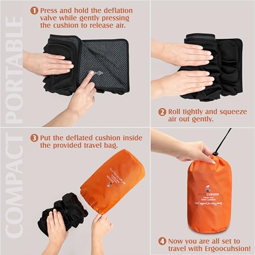 Inflatable Travel Seat Cushion with Built‑in Manual Pump, Adjustable Firmness & Compact Storage –Firm Support for Airplane, Car & Office Chairs, Large Generous Fit 18x16x2.1", Carry Bag Included