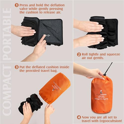 Inflatable Travel Seat Cushion with Built‑in Manual Pump, Adjustable Firmness & Compact Storage –Firm Support for Airplane, Car & Office Chairs, Large Generous Fit 18x16x2.1", Carry Bag Included