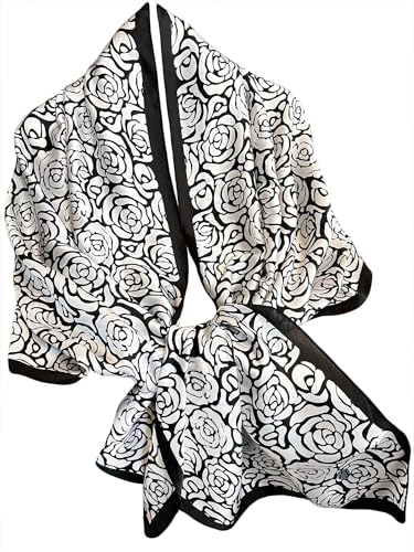 Large Shawl Scarf For Women Lightweight Wraps Silky Headscarf Long Sunscreen Scarfs - color: T25 Black and White Rose / 70"x 35"