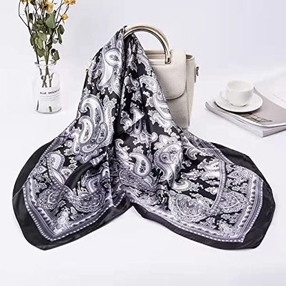 ANDANTINO 100% Mulberry Silk Scarf -21” Lightweight Square Neckerchief – Breathable Digital Printed Scarves with Gift Packed - color: Black&white Paisley