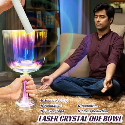 440Hz Meditation Crystal Singing Bowl, Handheld Quartz Stone Music Bowl, Transparent Dazzle, Sound Healing Instrument with Varnished Finish