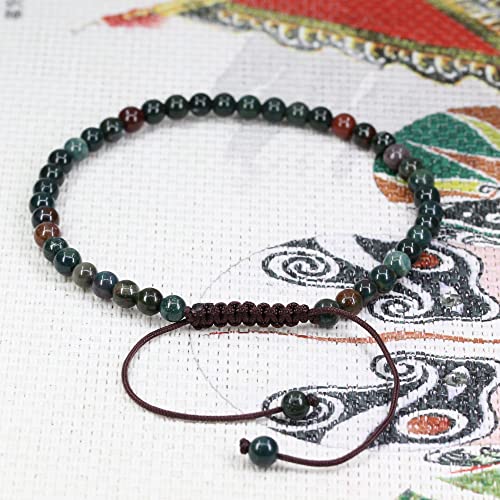 Keleny Natural Gemtones 4mm Round Beads Crystal Adjustable Braided Macrame Tassels Bracelets Unisex - color: Green Bloodstone Heliotrope
