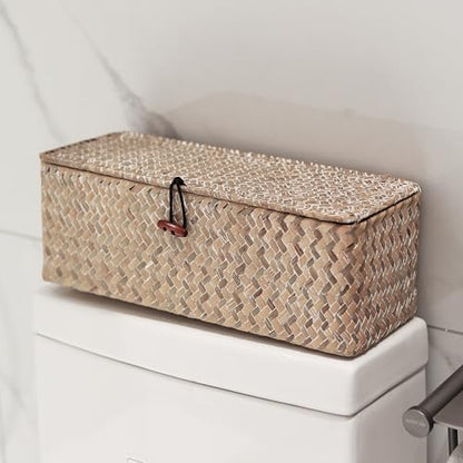 Seagrass Storage Basket with Lid Rectangular Small Woven Shelf Baskets with Sections for Organize Snack Toys Whitewash - color: Whitewash 3 Sections