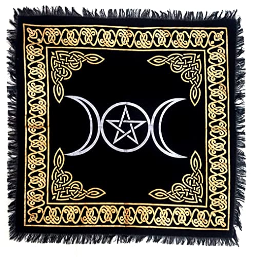 INDACORIFY Triple Moon Pentagram Altar Table Top Cloth with Fringes Alter Tarot Witchcraft Cloth Meditational Spiritual Sacred Cloth 18x18 in (Gold & Silver Pentagram Moons) - color: Gold & Silver Pentagram Moons