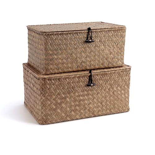 Nonam Storage Basket with Lid, Natural Seagrass Bin with Lid Set of 2, Shelf Baskets Multipurpose Container for Boho Decoration, Rectangular Household Storage Boxes for Home Organization-Coffee - color: Coffee-S+M