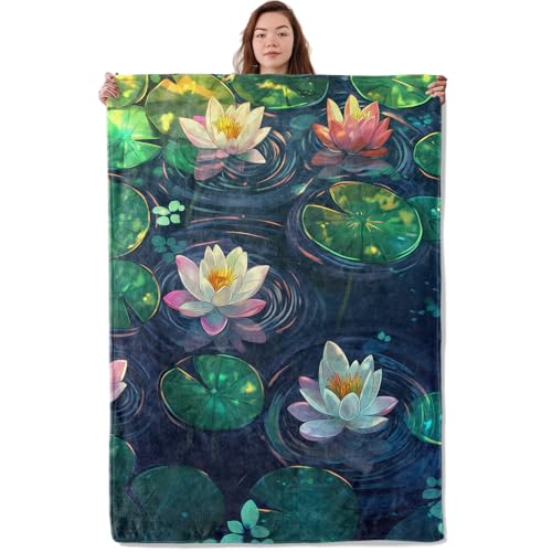 Serene Lotus Blanket, Soft Warm Cozy Beautiful Flowers Pond Throw Blanket Gifts for Adults Kids Women, Lightweight Fuzzy Comfy Flannel Blankets for Couch, Travel, Bed, House Decor 60×50 Inch