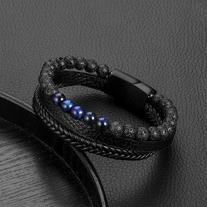 Leather Bead Bracelets for Men, Natural Tiger Eye Lava Rock Stone Bead Magnetic Clasp Adjustable Leather Bracelets Stress Relief Mens Anxiety Bracelet Mens Jewelry Gifts - style: Black Leather-Lava Rock&Blue Tiger Eye