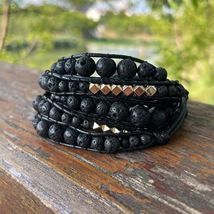 YGLINE Natural Stone Wrap Bracelet for Women Boho Bracelets Healing Crystal Beaded Bracelet Adjustable 3/5 Wraps Bracelet Handmade Birthday Gifts for Women - color: lava stone-3w