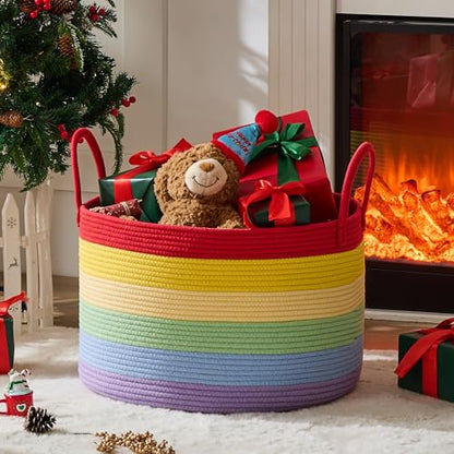 KAKAMAY Large Blanket Basket (20"x13"),Woven Baskets for storage Baby Laundry Hamper, Cotton Rope Blanket Basket for Living Room, Laundry, Nursery, Pillows, Baby Toy chest (Rainbow) - color: Rainbow
