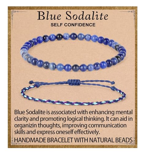 QOGIR 2pcs Handmade Healing Bracelet, Natural Gem Stone Crystal Elastic Bracelet - color: Blue Sodalite(Self Confidence), size: 4mm