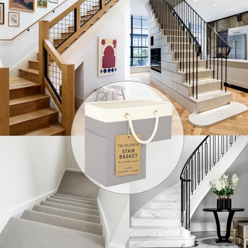 Stair basket,Foldable staircase baskets,Stair basket for wooden and carpeted stairs,Step stairs storage baskets with handle.1pcs - color: grayish white