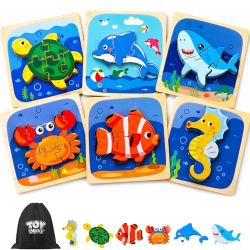 TOY Life Wooden Puzzles for Toddlers 2-4, Sea Animals Puzzles for Toddlers 1-3, Wood Puzzles Educational Montessori Toys Gifts for 1 2 3 Year Old, Baby Kids Learning Toy - style: 6PCS