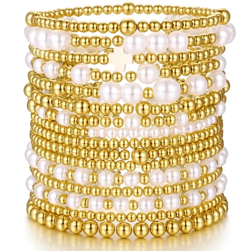 16 PCS Gold Bead Pearl Bracelet for Women, Gold Plated Beaded Strand Bead Ball Bracelets stack Adjustable Jewelry Set for Gifts - color: 03-GOLD