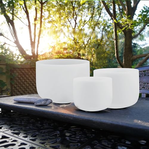 RYAN DVAN 432Hz Crystal Singing Bowl Set of 3, 6" B Crown, 8" F Heart, 10" G Throat Bowls,Quartz Chakra Sound Bowls for Meditation & Healing, with Case, Mallet, Suede Striker & O-Rings - color: White (6B+8F+10G), size: 6-10 Inch 432Hz