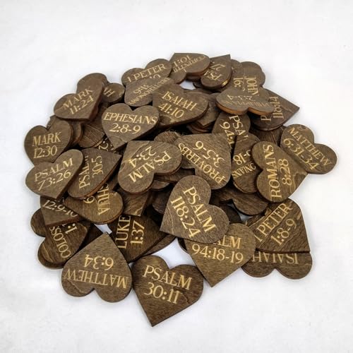 Biblical Affirmation Wood Cutouts | 72 Unique Laser Engraved Wood Hearts with Bible Verse Passages | Includes Desktop Affirmation Holder | Daily Religious Prayer Gift - style: Bible Verse Chips