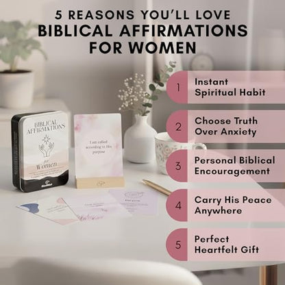 Scripture Cards with Bible Verses - 50 Daily Biblical Affirmation & Spiritual Prayer Cards - Religious & Christian Faith-Based Gifts for Women - Comes with Metal Box & Wooden Stand - color: Biblical Affirmations For Women
