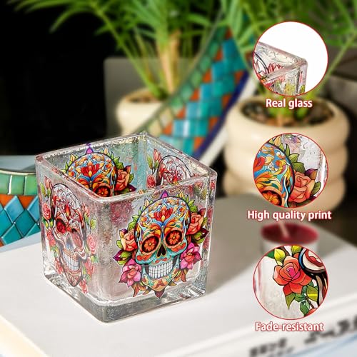 Votive Tealight Candle Holder, Square Glass Vase for Table Centerpiece Decor, Multi-Purpose Glass Cup for Home Tabletop Decor, 3.1 x 3.1 x 3.1 in Day of the Dead