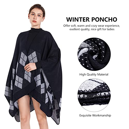 Shawl Wraps for Women, Elegant Knitted Cape Open Front Poncho Scarf Blanket Cardigan Coat for Spring, Autumn, and Winter - color: Black White