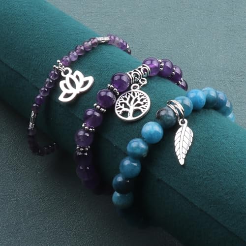 Tree of Life Yoga Healing Stone Bracelets,Multilayer Lotus Chakra Stone Reiki Bracelet Sets,Anxiety Crystal Natural Stone,for Women Stress Relief - style: Amethyst + Apatite