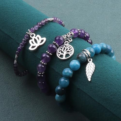 Tree of Life Yoga Healing Stone Bracelets,Multilayer Lotus Chakra Stone Reiki Bracelet Sets,Anxiety Crystal Natural Stone,for Women Stress Relief - style: Amethyst + Apatite