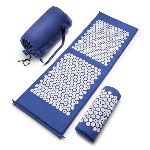 Sivan Health and Fitness Acupressure Mat and Pillow Set - Grounding Mat for Stress, Back & Neck Pain - Acupuncture Point Massage Mat for Muscle Relaxation, Sciatica, & Meditation - Includes Carry Bag - color: Blue/White, size: XL