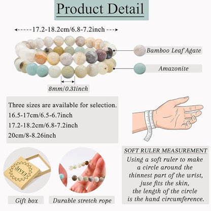 Bivei Natural Gemstone Semi Precious Healing Crystals Handmade Stretchy Round Beads Bracelet,Stocking Stuffers for Women Enhance Positive Energy - color: 8mm Bamboo Leaf Agate & Amazonite (Good Luck), size: Small: 6.5-6.7 inch