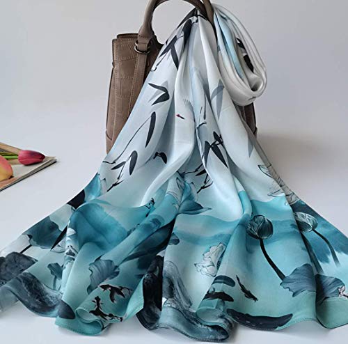 100% Mulberry Silk Long Scarf for Women Large Shawls for Headscarf and Neck- Oblong Hair Wraps with Gift Packed - color: Wash Painting-lotus