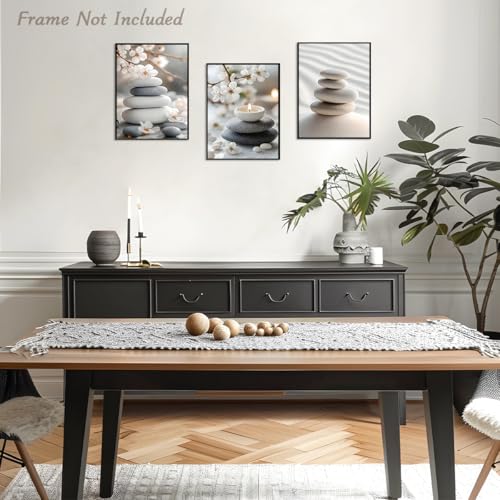 Dazzlewall 3Pcs Japanese Zen Wall Art Set, Balance Stones & Cherry Blossom Pictures for Yoga Spa Living Room Decor 12x16 in Unframed