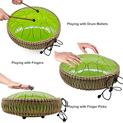 BETESINE 13-Inch 15-Note Steel Tongue Drum in C Major, Beginner-Friendly Meditation Drum with Mallets, Music Book, Finger Picks, Carry Bag & Note Stickers, Apple Green - color: Apple Green