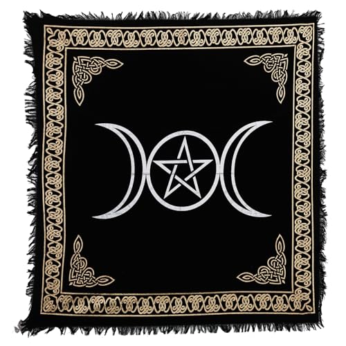 Indian Consigners Altar Cloth Triple Moon Pentagram Witchcraft Alter Tarot Spread Top Wiccan Square Spiritual 18 by 18 Sacred Cloth (Triple Moon Pentagram Gold Silver) - size: 18" x 18" (Square)
