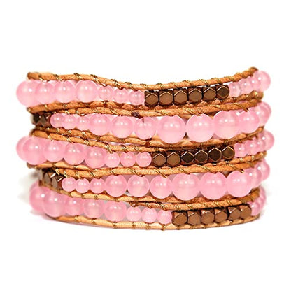 Boho Wrap Bead Bracelet for Women - Handmade Adjustable Natural Stone Beaded Bracelets Yoga Healing Bracelet Bangle Hippie Jewelry - color: Rose Quartz
