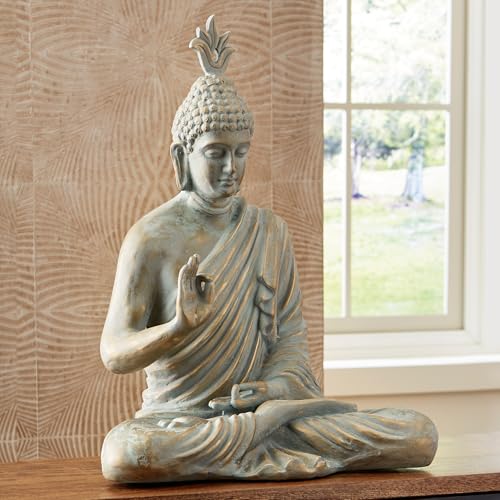 Signature Design by Ashley Hosgrove Cultural Tabletop Paper Composite Sitting Buddha Sculpture, Metallic & Green