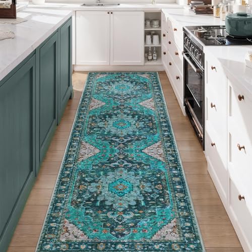 Ciicool Washable Long 10ft Runners for Hallways, 2'6''x10' Kitchen Runner Rug, Entryway Indoor Throw Rug, Non Slip Rubber Backing Boho Vintage Floor Decor,Oriental Carpet for Bedside - color: Teal/Multi, size: 2'6" X 10' (Runner)