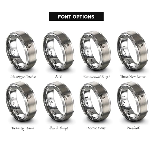 Gift for Yoga Fan - Yoga Meditation Ring - Flat Dome Bevel - Band - Men Women - Brushed Polished - Tungsten - Personalized Custom Engraving - 8mm - Anniversary Wedding - Yellow Rose Gold Silver - color: 06 - Grey Tungsten