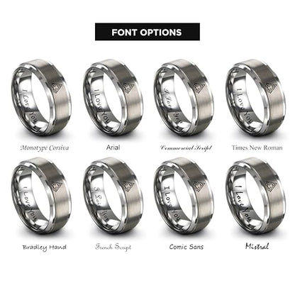 Gift for Yoga Fan - Yoga Meditation Ring - Flat Dome Bevel - Band - Men Women - Brushed Polished - Tungsten - Personalized Custom Engraving - 8mm - Anniversary Wedding - Yellow Rose Gold Silver - color: 06 - Grey Tungsten