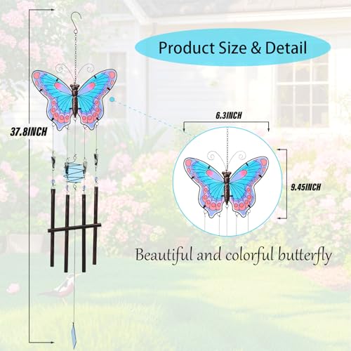 Butterfly Wind Chimes for Outside, Stained Glass Wind Chime Windchimes for Patio, Outdoor,Garden,Yard,Coastal,Window,Home Decor or Gifts for Women(Blue & Red)