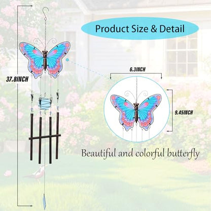 Butterfly Wind Chimes for Outside, Stained Glass Wind Chime Windchimes for Patio, Outdoor,Garden,Yard,Coastal,Window,Home Decor or Gifts for Women(Blue & Red)