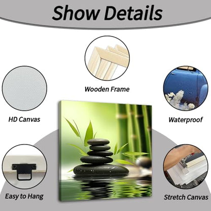 TIEHAOMAI Zen Canvas Wall Art Green Bamboo Stones Paintings Spa Stones Meditation Picture Prints for Gallery Corridor Decor（Zen-5,18x18inch (45x45cm)