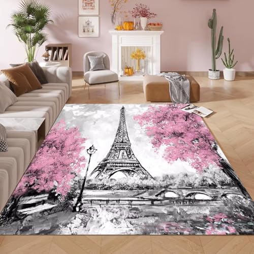 kxry 2 * 3 Feet Pink and White Paris Eiffel Tower Soft Area Rugs for Kids Girls Women Couple Lover Flower Floor Carpet for Living Room Bedroom Dorms Nursery Rooms Home Decor Aesthetic - color: Multi5, size: 3' x 2' (Rectangular)