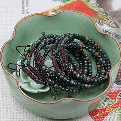 Keleny Natural Gemtones 4mm Round Beads Crystal Adjustable Braided Macrame Tassels Bracelets Unisex - color: Green Bloodstone Heliotrope
