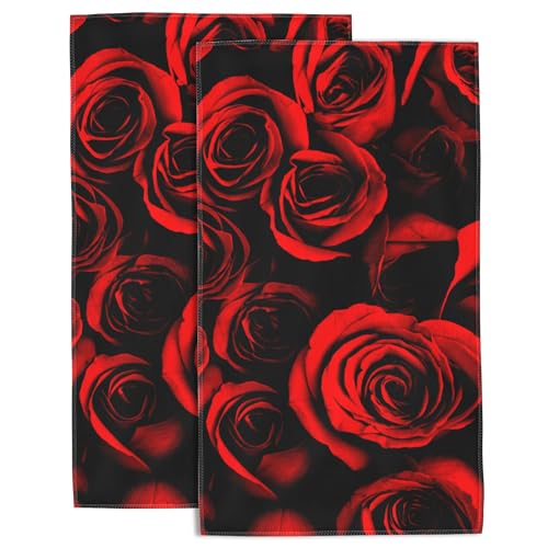 Red Velvet Roses Hand Towels - 240 GSM Waffle Towels - Set of 2 - Soft & Absorbent - Home Decor - 14 x 28 in - color: Red Roses