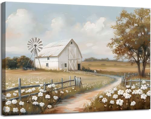 Farmhouse Barn Canvas Wall Art Rustic Farm Nature landscape Decor Pictures Retro Flower Field Meadow Barn Windmill Posters Prints for Home Decoration Bathroom Bedroom Living Room Decoration - color: barn, size: 16"L x 12"W