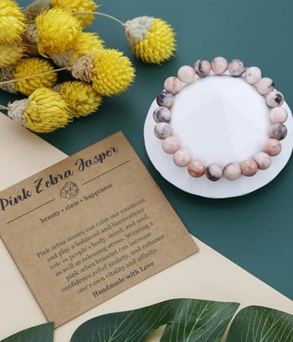 BOMAIL Natural Stone Bracelet for Women Men - 8MM Semi-Precious Gemstone Beaded Bracelet Healing Crystal Stretch Bracelet Yoga Bracelets Jewelry - color: Pink Zebra Stone