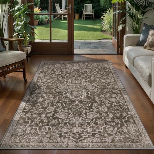 3x5 Washable Brown Rug Boho Floral Non-Slip Bedroom Rugs for Entryway Throw Rug Soft Low-Pile Indoor Floor Carpet for Living Room Laundry Foyer Decor