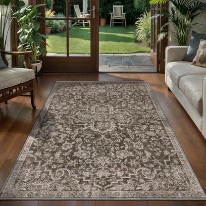 3x5 Washable Brown Rug Boho Floral Non-Slip Bedroom Rugs for Entryway Throw Rug Soft Low-Pile Indoor Floor Carpet for Living Room Laundry Foyer Decor