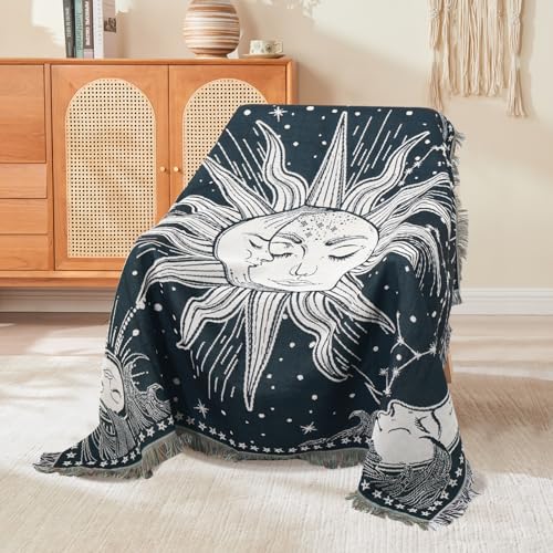 Boho Throw Blanket Reversible Cotton Bohemian Tapestry Hippie Room Decor Outdoor Blanket Double Sided (Navy Sun Moon 50"x60") - color: Navy Sun Moon, size: 50*60 inch