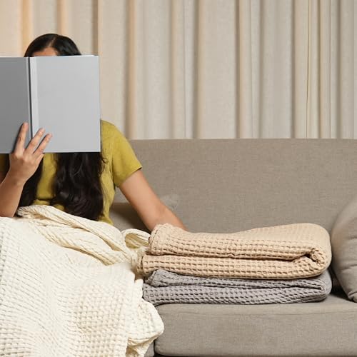 The Fine Living Co. 100% Cotton Waffle Throw Blanket - Lightweight, Soft and Breathable Throw Blanket for All Season- Skin-Friendly Blanket for Couch, Bed, Sofa- 50”x60” inches, Mineral Gray