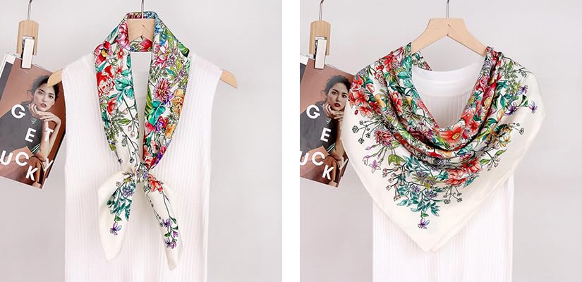 100% Pure Mulberry Silk Scarf 35" Large Square Lightweight Headscarf –Women’s Hair Wraps-With Gift Packed - color: Flowers-white-twill